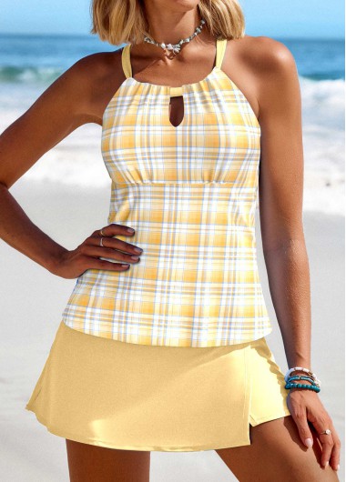 ROTITA Cut Out Light Yellow Plaid Tankini Set