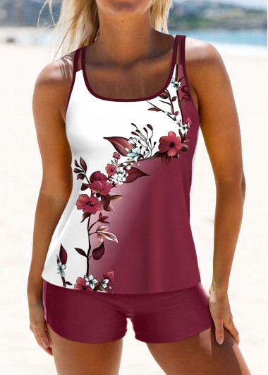 ROTITA Patchwork Deep Red Floral Print Tankini Set