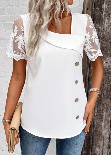 ROTITA Patchwork White Asymmetrical Neck Short Sleeve Blouse