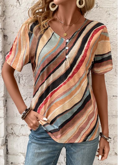 Button Geometric Print Multi Color V Neck T Shirt
