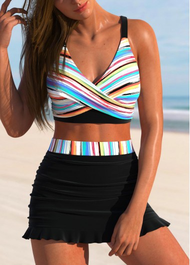 ROTITA Surplice Black Multi Stripe Print Bikini Set