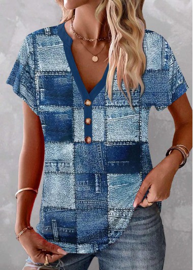 ROTITA Button Geometric Print Blue Split Neck Short Sleeve Blouse