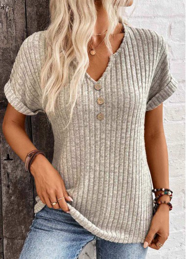ROTITA Button Light Camel Split Neck Short Sleeve T Shirt