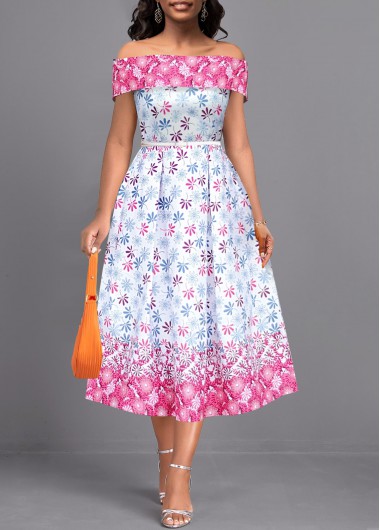 ROTITA Patchwork Ditsy Floral Print Multi Color Off Shoulder Dress