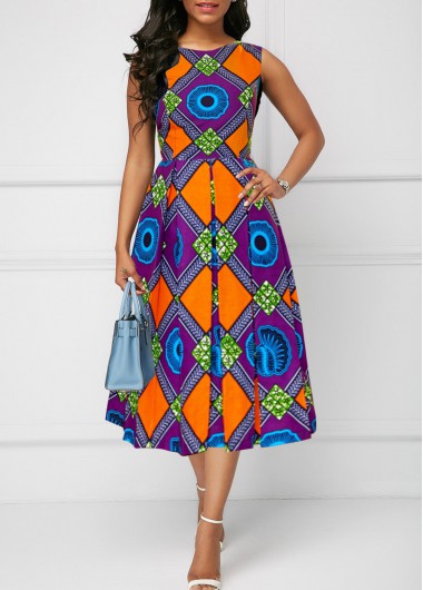 ROTITA Patchwork Tribal Print Multi Color Round Neck Sleeveless Dress