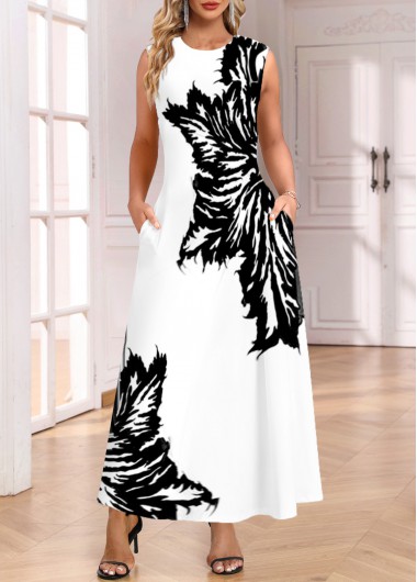 Pocket Leaf Print White Round Neck Sleeveless Maxi Dress
