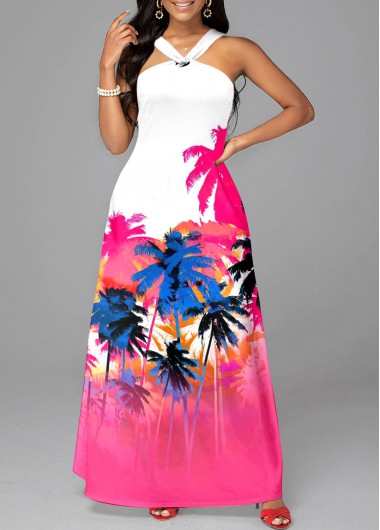 ROTITA Pocket Tropical Plants Print White O Shape Dress