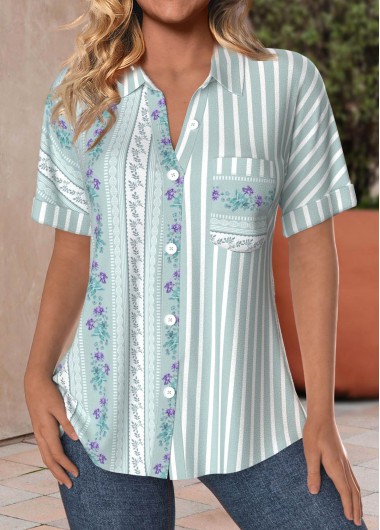 ROTITA Pocket Striped Green Shirt Collar Short Sleeve Blouse