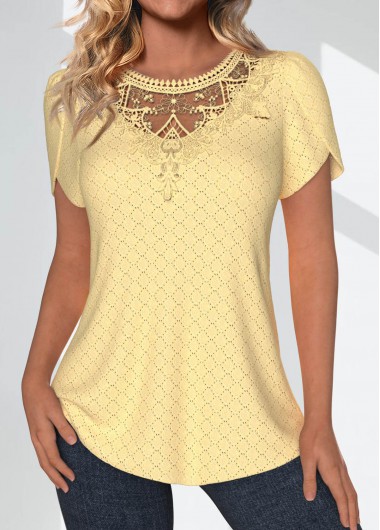 ROTITA Lace Light Yellow Round Neck Short Sleeve T Shirt