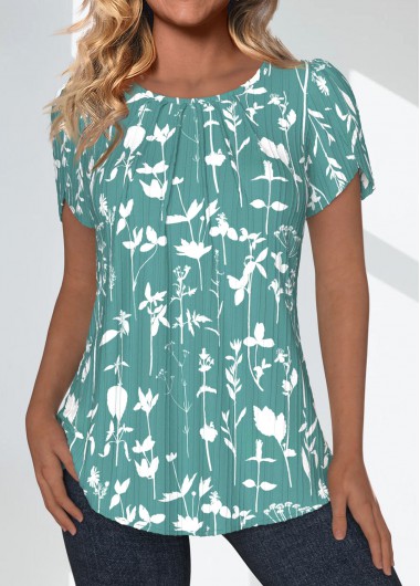 ROTITA Tuck Stitch Floral Print Green Round Neck Blouse