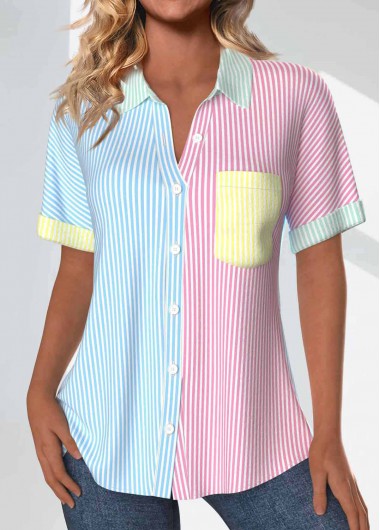 ROTITA Patchwork Striped Rainbow Color Shirt Collar Short Sleeve Blouse