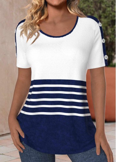 ROTITA Button Striped Navy Round Neck Short Sleeve T Shirt