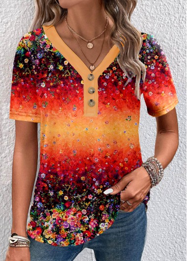 ROTITA Button Ditsy Floral Print Orange V Neck T Shirt
