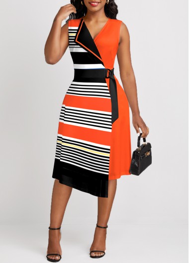 ROTITA Patchwork Striped Orange V Neck Sleeveless Dress