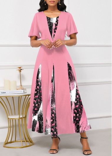 ROTITA Patchwork Graffiti Print Pink Maxi Round Neck Dress