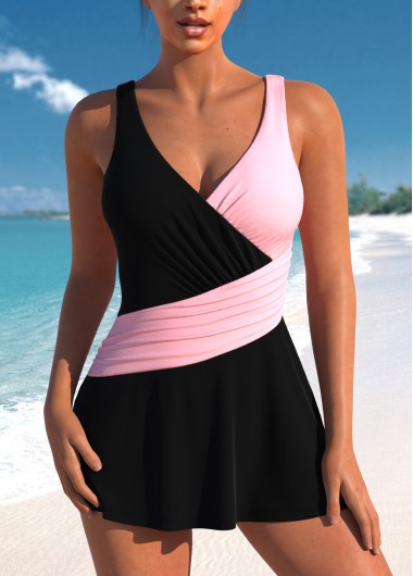 ROTITA Criss Cross Patchwork Black One Piece Swimdress