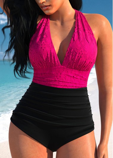 ROTITA Hot Pink Lace Patchwork One Piece Swimwear