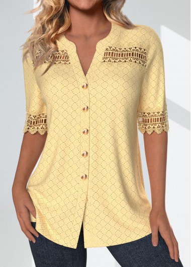 ROTITA Patchwork Light Yellow Split Neck Short Sleeve Blouse