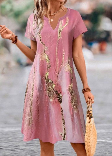ROTITA Breathable Marble Print Pink A Line Split Neck Dress