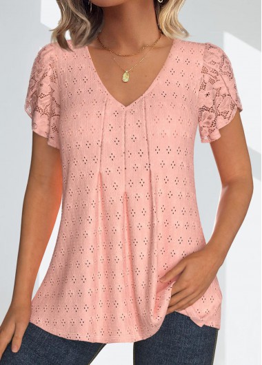 ROTITA Lace Dusty Pink V Neck Short Sleeve Blouse