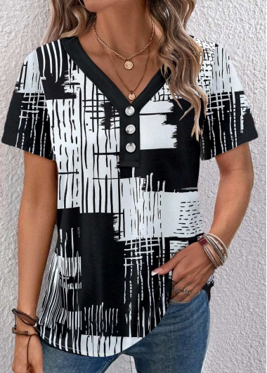 ROTITA Button Graffiti Print Black V Neck Short Sleeve Blouse