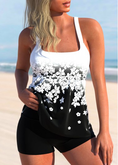 ROTITA Lightweight Black Floral Print Tankini Top