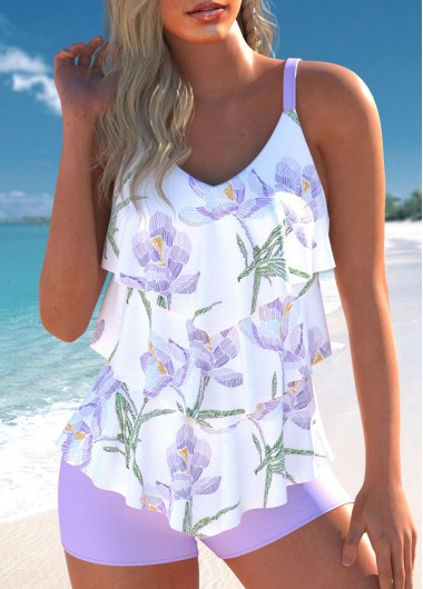 ROTITA Patchwork Light Purple Floral Print Tankini Set