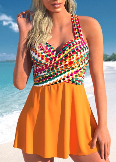 ROTITA Criss Cross Orange Multi Stripe Print Swimdress and Panty