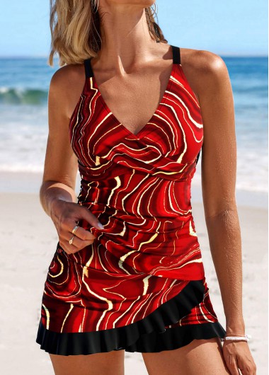 ROTITA Surplice Deep Red Ombre Tankini Set