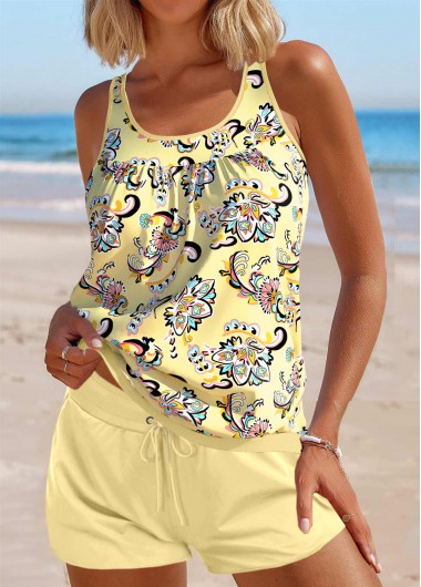 ROTITA Patchwork Light Yellow Tribal Print Tankini Set