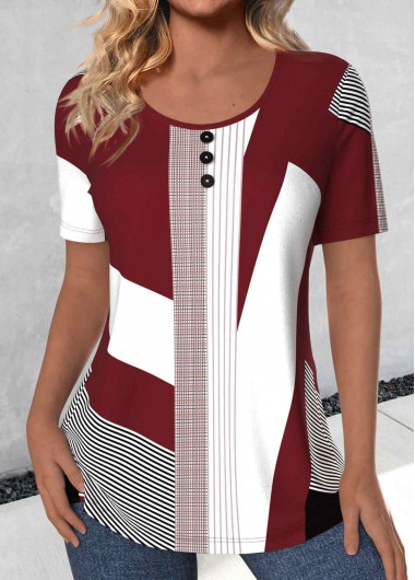 ROTITA Button Geometric Print Deep Red Round Neck T Shirt