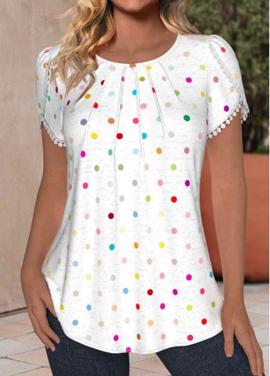 ROTITA Tuck Stitch Polka Dot White Round Neck T Shirt