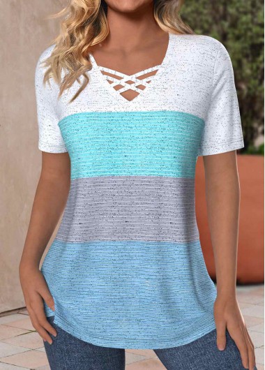 ROTITA Criss Cross Striped Dusty Blue V Neck T Shirt