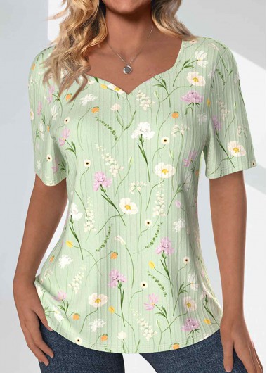 ROTITA Textured Fabric Floral Print Light Green T Shirt
