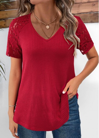 ROTITA Lace Wine Red V Neck Short Sleeve T Shirt