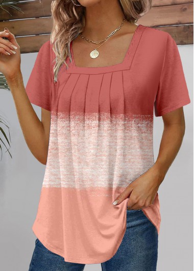 ROTITA Ruched Dusty Pink Square Neck Short Sleeve T Shirt