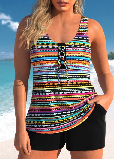 ROTITA Lace Up Multi Color Tribal Print Tankini Set