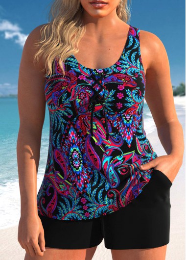 ROTITA Lace Up Black Paisley Print Tankini Set