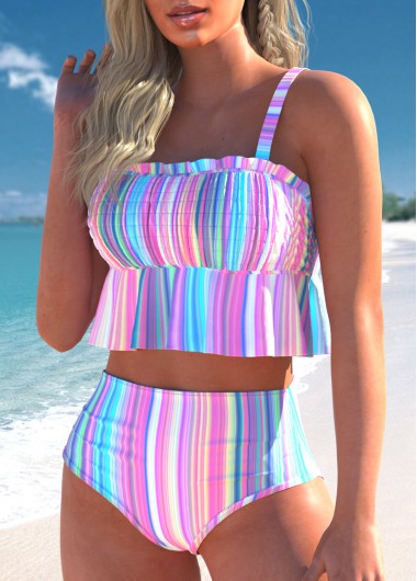 ROTITA Smocked Multi Color Striped Bikini Set