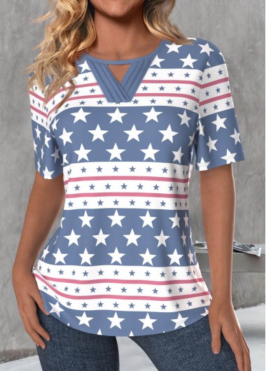 ROTITA Cut Out Star Print Dusty Blue T Shirt