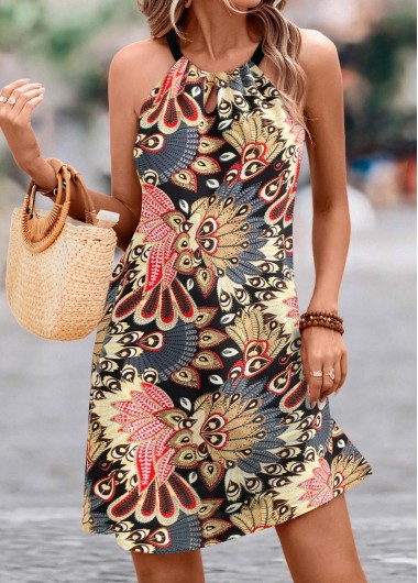 ROTITA Cut Out Tribal Print Black A Line Sleeveless Dress