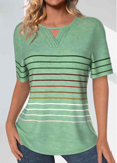 ROTITA Tuck Stitch Striped Light Green Round Neck T Shirt