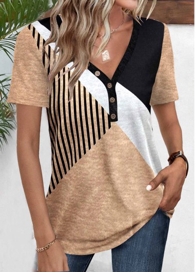 ROTITA Patchwork Geometric Print Light Camel V Neck T Shirt