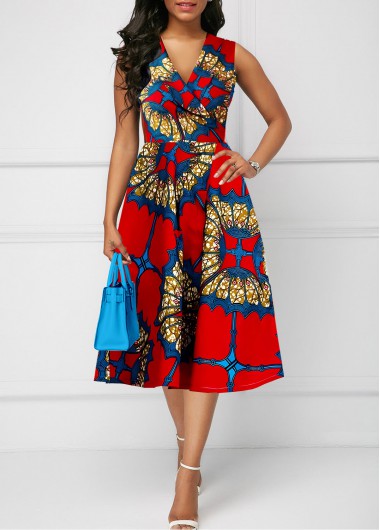 ROTITA Zipper Tribal Print Red V Neck Sleeveless Dress