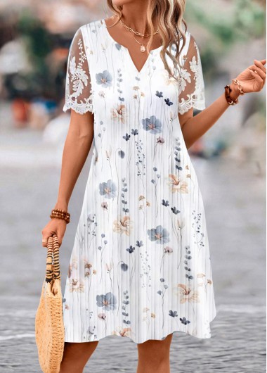 ROTITA Lace Floral Print White A Line Split Neck Dress