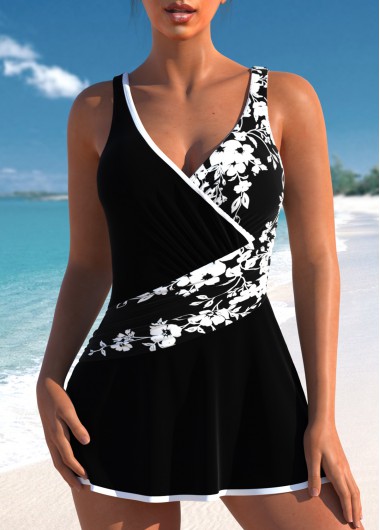 ROTITA Black Floral Print One Piece Swimdress