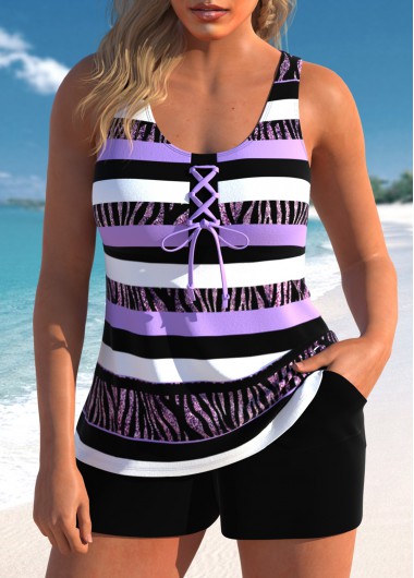 ROTITA Lace Up Light Purple Striped Tankini Set
