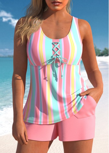 ROTITA Lace Up Pink Multi Stripe Print Tankini Set