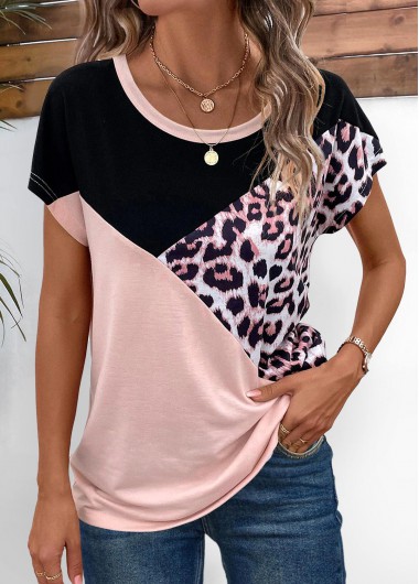 ROTITA Patchwork Leopard Light Pink Round Neck T Shirt