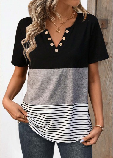 ROTITA Patchwork Striped Black Split Neck Short Sleeve T Shirt